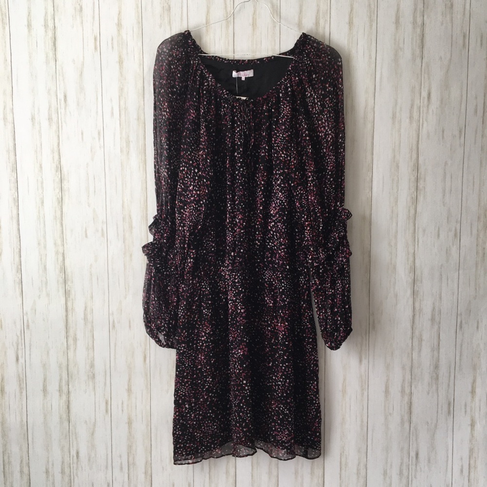 parker Black Pink Floral Silk Knee Lnth Midi Dress